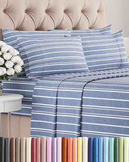 Full 6 Piece Sheet Set - Comfy Breathable & Cooling - Soft Hotel Luxury Bedding Set with 8-16 Inch Deep Pockets - 1 Flat & 1 Fitted Sheet & 4 Pillowcases - Wrinkle Free & Easy Care - Blue Stripes 3