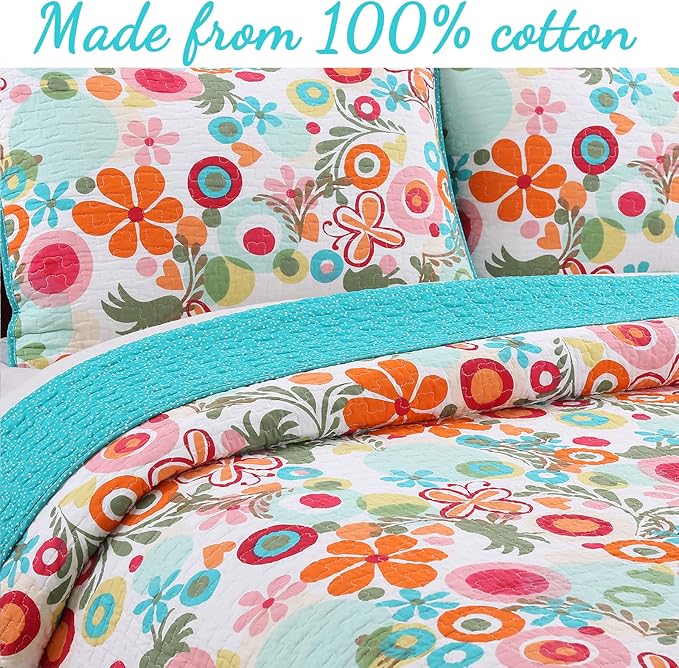 Cozy Line Home Fashions Pink Green Blue Orange Colorful Floral Whimsy 100% Cotton Reversible Girl Quilt Bedding Set, Coverlet, Bedspread (Queen - 3 Piece: 1 Quilt + 2 Standard Shams)