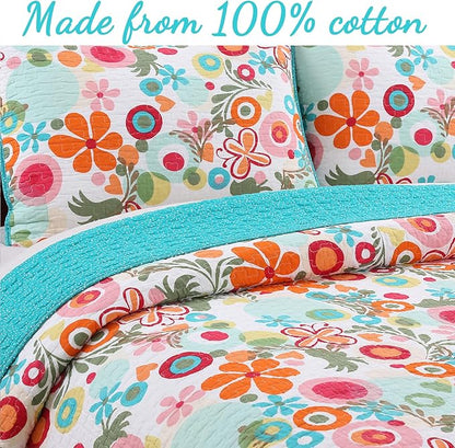 Cozy Line Home Fashions Pink Green Blue Orange Colorful Floral Whimsy 100% Cotton Reversible Girl Quilt Bedding Set, Coverlet, Bedspread (Twin - 2 Piece: 1 Quilt + 1 Standard Sham)