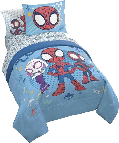 Jay Franco Kids Comforter Set Includes Sheets and Pillow Covers - Soft and Cozy Bed Set for Stylish Room Decor, Light Blue - Spidey & His Amazing Friends, 7 Piece Full Bedding