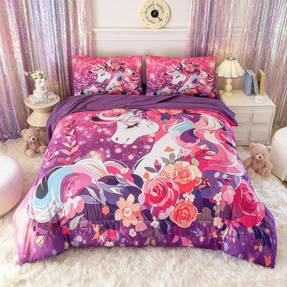 Peopleareok Unicorn Comforter Set Full for Girls, 5-Piece Bed in a Bag Cute Pink Purple Unicorn Print Bedding Set Full, Kids Cartoon Kawaii Comforter with Sheet Set