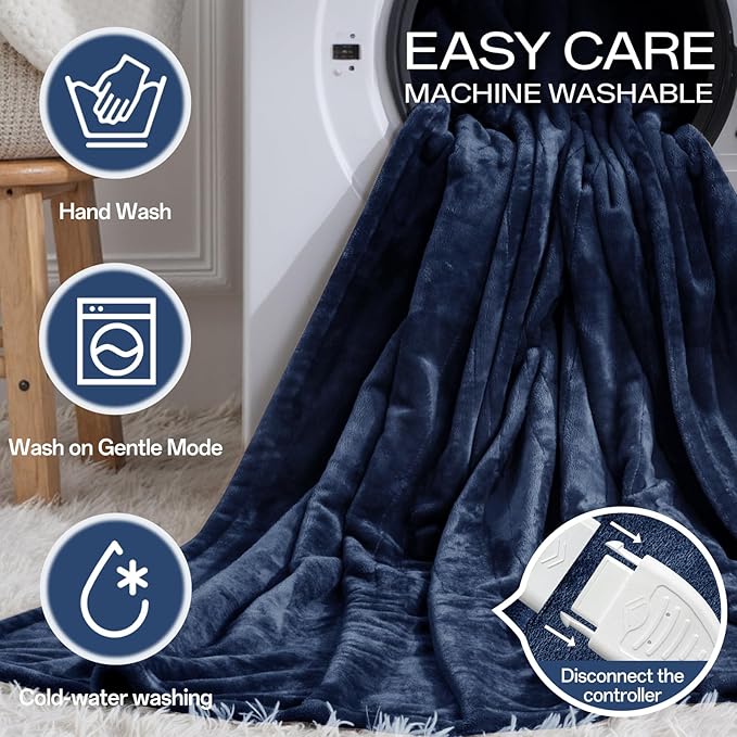 Heated Blanket Twin Size, Electric Blanket with 1-10 hrs Timer Auto-Off & 8 Heating Levels, Double-Layer Flannel Heating Blanket with ETL Certification Machine Washable (62”x 84”, Navy Blue)