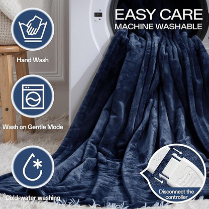 Electric Blanket Full Size 72"x84", Heated Blanket with 8 Heat Settings & 10 Hours Auto-Off, Navy Blue Double-sided Flannel Blanket, Heating Blanket for Bed, Full Body, Machine Washable, ETL Certified