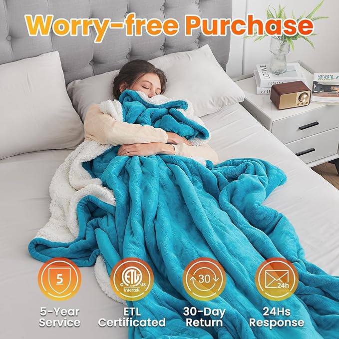 WOOMER Electric Heated Blanket Twin Size, Soft Flannel Fast Heating Blanket, Teal Color, 62"x 84", 10 Heating Levels & 0.5-12H Auto Off, Over-Heat Protection