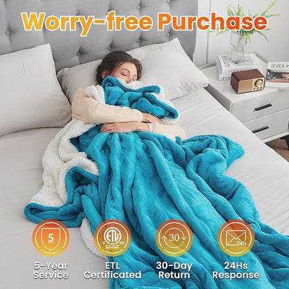 WOOMER Electric Heated Blanket Full Size, Soft Flannel Fast Heating Blanket, Teal Color, 77"x 84", 10 Heating Levels & 0.5-12H Auto Off, Over-Heat Protection
