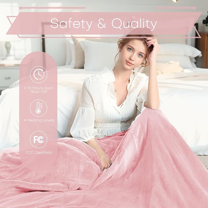 Electric Heated Blanket Queen Size 84"x90" - Coral Fleece & Sherpa Fabric Dual-Sided, 4 Heat Settings & 10 Hours Auto Off, Soft Warming Throw for Home, Office, or Bed, Machine Washable, Light Pink
