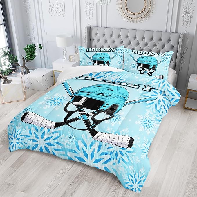 Blue Ice Hockey Comforter 3Pcs Queen Hockey Sports Event Snowflake Bedding Set for Kid Teen Girl Boy Adult Winter Sports Games Hockey Helmet Quilt Bed Decor with 1 Comforter and 2 Pillowcases