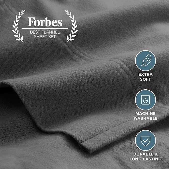 Bare Home Flannel Sheet Set 100% Cotton, Velvety Soft Heavyweight - Double Brushed Flannel - Deep Pocket (Twin, Grey)