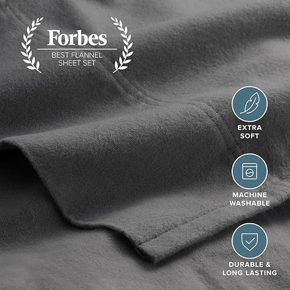 Bare Home Flannel Sheet Set 100% Cotton, Velvety Soft Heavyweight - Double Brushed Flannel - Deep Pocket (King, Grey)