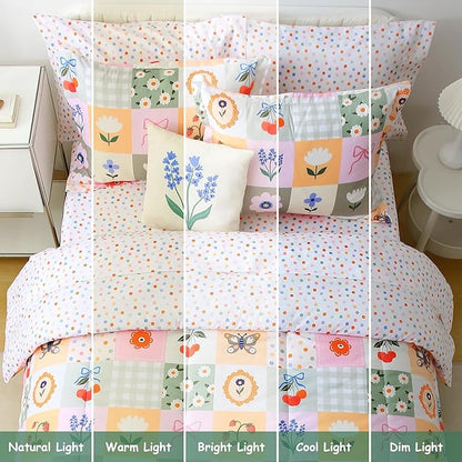 Mooreeke Kids Full Comforter Sets for Girls 8 Pieces Floral Butterfly Bedding Set for Teens Microfiber Splice Block Flower Kids Bed in A Bag with Comforter, Sheet Set, Shams and Decorative Toy Pillow