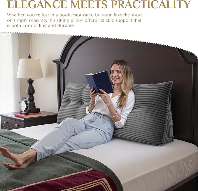 Headboard Wedge Pillow, Large Triangular Reading Pillow for Bed, Backrest Support Bolster for Sitting Up, Long Bed Rest Pillow with Removable Cover