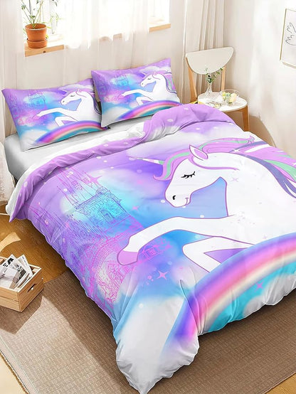 CVHOUSE Rainbow Unicorn Twin Size,Cartoon Bedding Set for Girls Kids Teens,Cute Comforter Cover,1 Duvet Cover 2 Pillowcases 3 Piece Twin 71'x87'