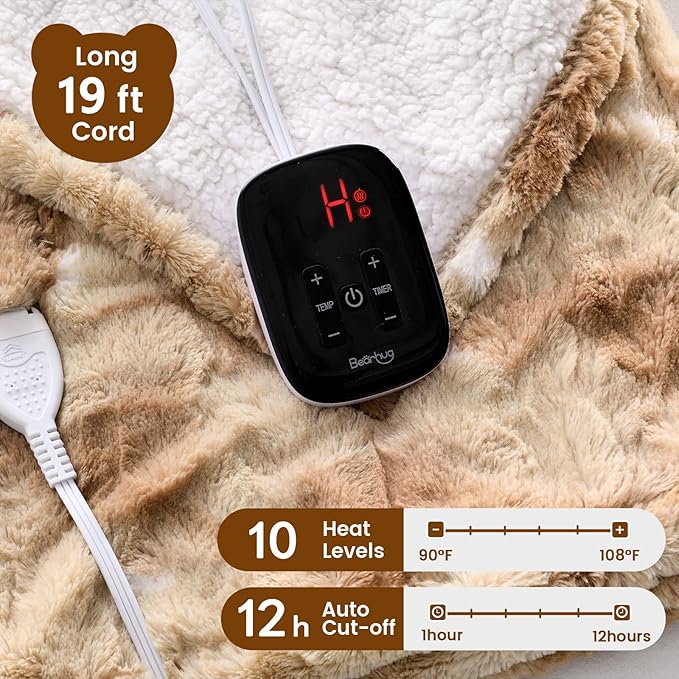 Bearhug Electric Blanket Twin Size 62" x 84", Faux Fur & Sherpa Heated Blanket, 10 Heating Levels & 1-12H Auto Off, Champagne, Over-Heat Protect, ETL Certification, Machine Washable