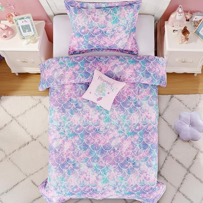 Twin Comforter Set for Girls-3 Pieces Mermaid Glow in The Dark Twin Bedding Sets for Kids,1 Comforter,1 Sham and 1 Decor Pillow