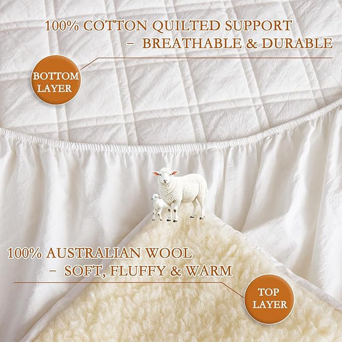 YOUR MOON Wool Fleece Mattress Pad Full – Organic Australian Wool Plush Mattress Topper, 370GSM Velvet Breathable Bed Mattress Cover with 16" Deep Pocket, 54"x75", White