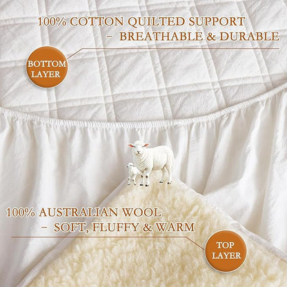 YOUR MOON Wool Fleece Mattress Pad Full – Organic Australian Wool Plush Mattress Topper, 370GSM Velvet Breathable Bed Mattress Cover with 16" Deep Pocket, 54"x75", White