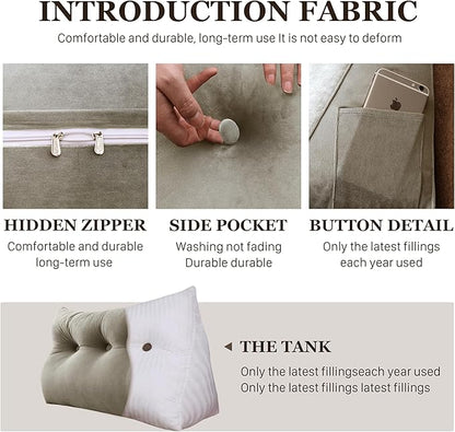 8 lbs Thickened Twin Wedge Pillow Headboard College Dorm Bed Velvet Wedge Pillow Backrest Triangular Headboard Pillows with Side Pocket, Dorm Bedding Essentials for Girls & Boys, Taupe
