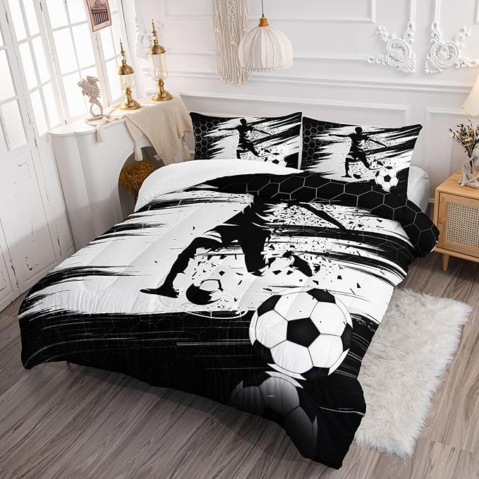 Soccer Comforter Set Sport Themed Black White Printed Bedding Set with 1 Comforter and 2 Pillowcases for Boys and Girls Bedroom All Season(Soccer-3 Full)