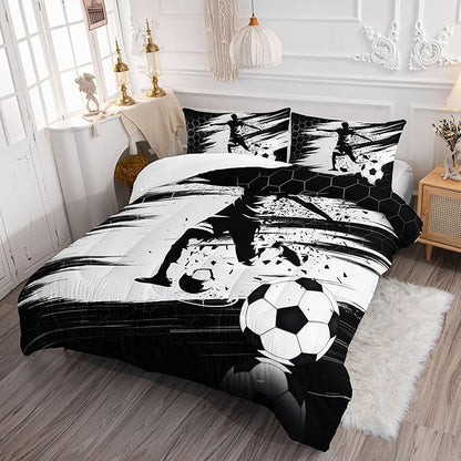 Soccer Comforter Set Sport Themed Black White Printed Bedding Set with 1 Comforter and 2 Pillowcases for Boys and Girls Bedroom All Season(Soccer-3 Full)
