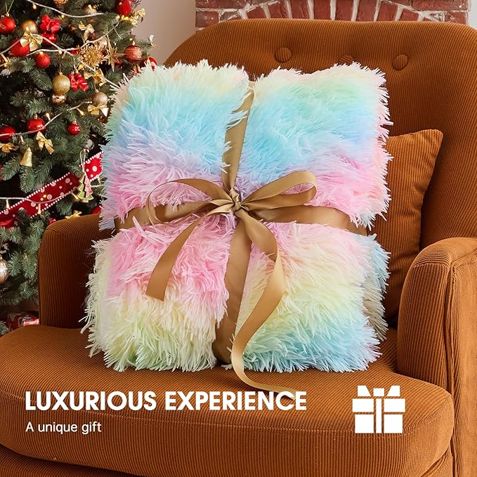 Heated Electric Blanket Queen,Warm Winter Birthday Gifts for Women Her Grandma–Faux Fur with Soft Sherpa,10 Heat Settings,5 Time Settings with Fast Heating, 84x90, Rainbow