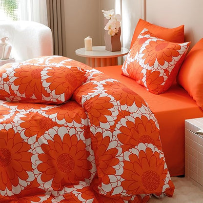 Wellboo Red Sunflower Comforter Sets Twin Boho Orange Floral Bedding Set Cotton Women Girls White and Red Botanical Quilt Summer Floral Comforter Large Flower Plant Blankets Garden Bohemian Bed