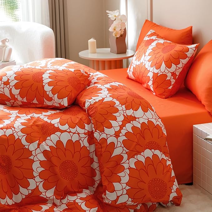 Wellboo Red Sunflower Comforter Sets Full Boho Orange Floral Bedding Set Cotton Women Girls White and Red Botanical Quilt Summer Floral Comforter Large Flower Plant Blankets Garden Bohemian Bed