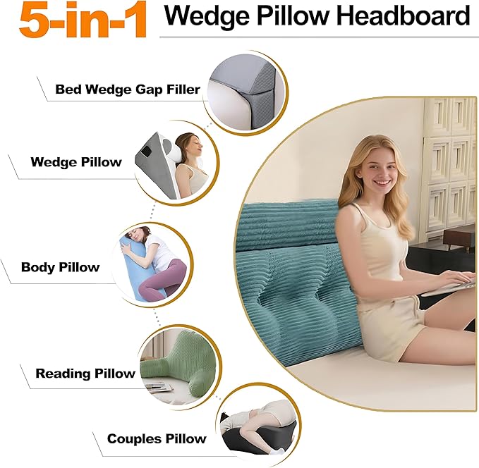 Headboard Pillow Twin, Triangular Wedge Cushion with Neck Roll Pillow, Back Support Bodypillow with Removable Washable Cover for Bed Sofa