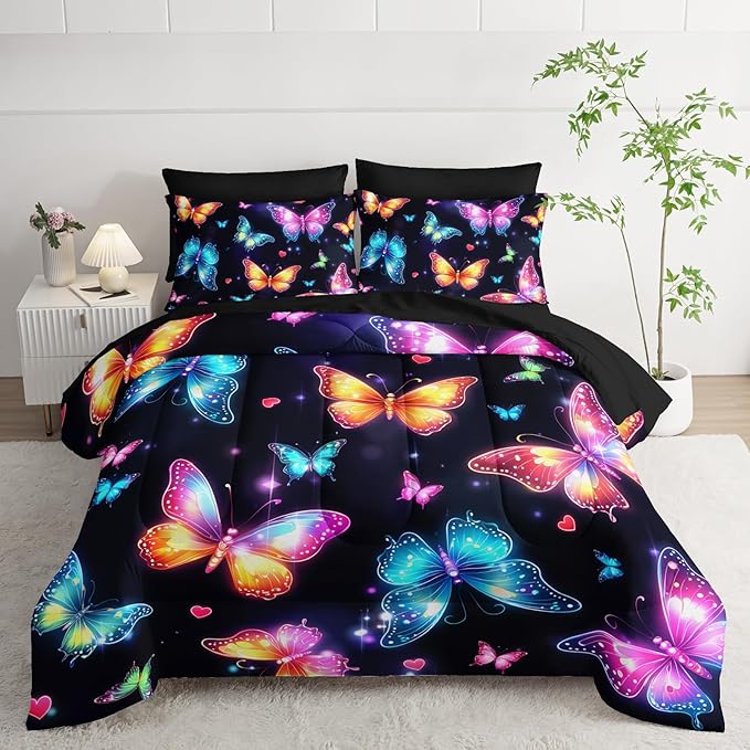 Colorful Gradient Butterfly Comforter 7Pcs Tie-Dye Heart Print Bedding Set for Kid Teen Girl Boy Adult Sparkling Aesthetics Quilt Bed Set Queen with 2 Sheets,2 Pillowcases,2 Throw Pillow Covers