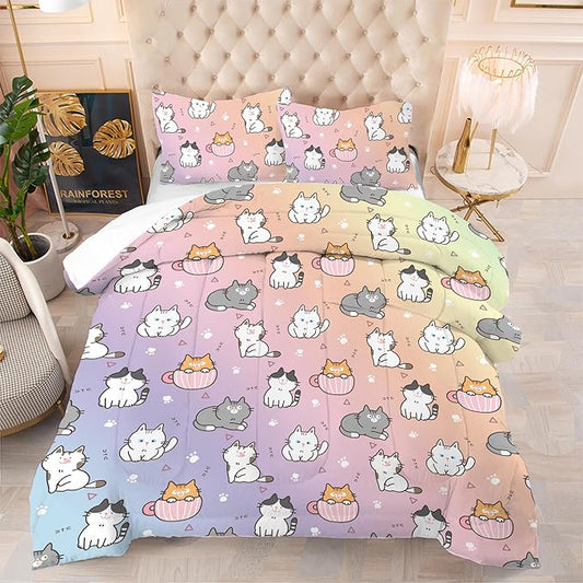 Cat Comforter Set Queen: Colorful Cartoon Cats Bedding Set Cute Kitten Rainbow Feline Quilt 3 Piece for Women Girls Teens Adults 1 Comforter & 2 Pillowcases