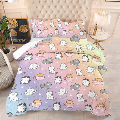 Cat Comforter Set Full: Cat Themed Rainbow Bedding Set Kawaii Colorful Kitten Quilts Pet Cats Bed Sets for Teen Girls Kids Women 1 Comforter & 2 Pillowcases