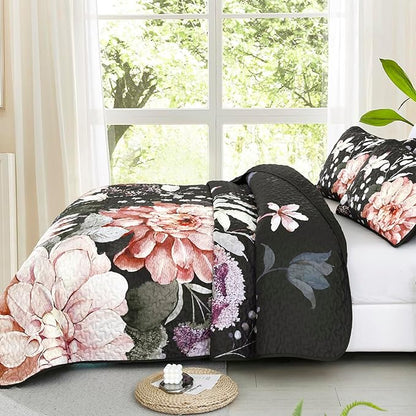 Drucon Floral Quilt King Size - 3 Pieces Black Quilt Botanical Bedspread Soft Lightweight Flower Bedding Set for All Season (104"x90")