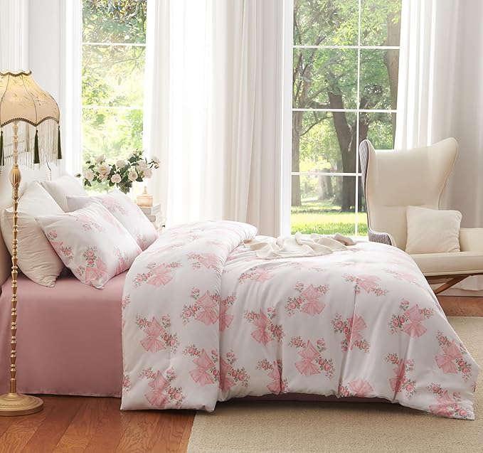 Pink Bow Duvet Cover Full Size Floral Bowknot Bedding Set 3 Pieces Kids Boys Girls Vintage Green Botanical Coquette Princess Style Garden Reversible Duvet Cover Set with 2 Pillowcases