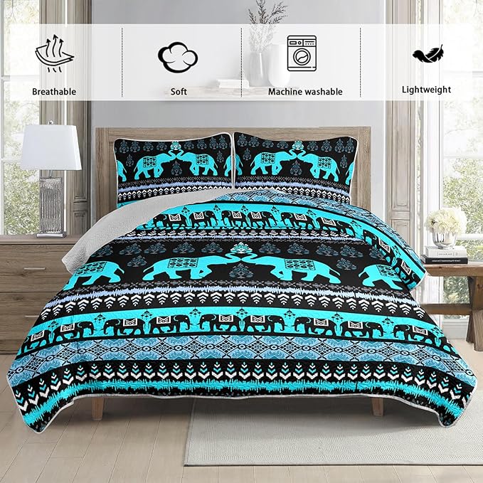 Blue Elephant Queen Quilted Bedding Sets,Boho Style Bedding Summer Quilt for Adults Kids,Soft Lightweight Exquisite Quilted Sets with 2 Pillowcases.