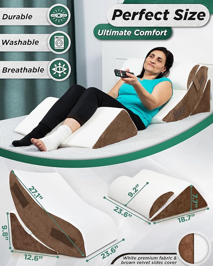 Lunix 4pcs Orthopedic Bed Wedge Pillow Set, Post Surgery Memory Foam for Back, Knee, Leg Pain Relief, Adjustable Sitting Pillow for Sleeping, Acid Reflux, GERD, with Hot Cold Pack, Brown