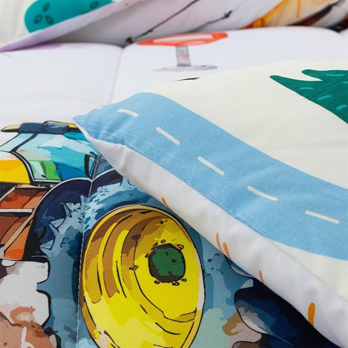 Holawakaka Trucks Tractors Cars Boy Bedding Comforter Set with Sheets, Full Size Cartoon Construction Car Excavator Print Kids Bed in A Bag 5-Piece, Boys Reversible Dorm Bed Sets (Multi Full)