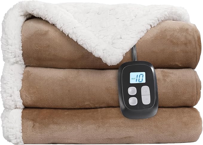 Electric Heated Blanket Twin Size - 62"x84", Soft Flannel Heating Blanket, 10 Heating Levels, 1-12 H Auto Shut Off, Breathable Warm and Washable for Bed, Light Brown