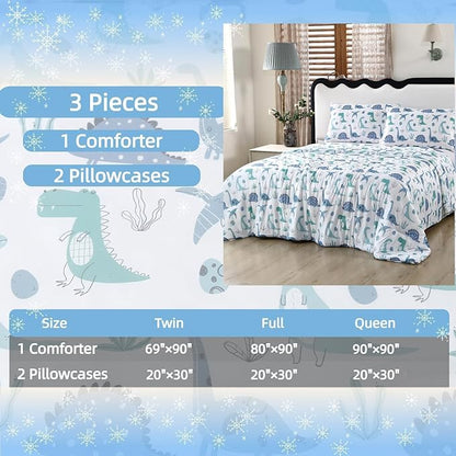 SDIII Dinosaur Comforter Twin 3 Pieces, Silky Breathable Microfiber and Spandex, Cute Dinosaur Bedding Twin Set for Boys Girls Kids and Teens