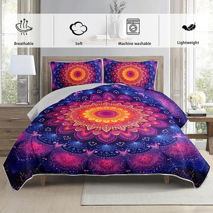 Boho Style Queen Size Quilt Set,Bohemian Floral Strip Beddding Set for Adults Room Decor,Soft and Lightweight Quilted Bed for All Season with 2 Pillowcases.