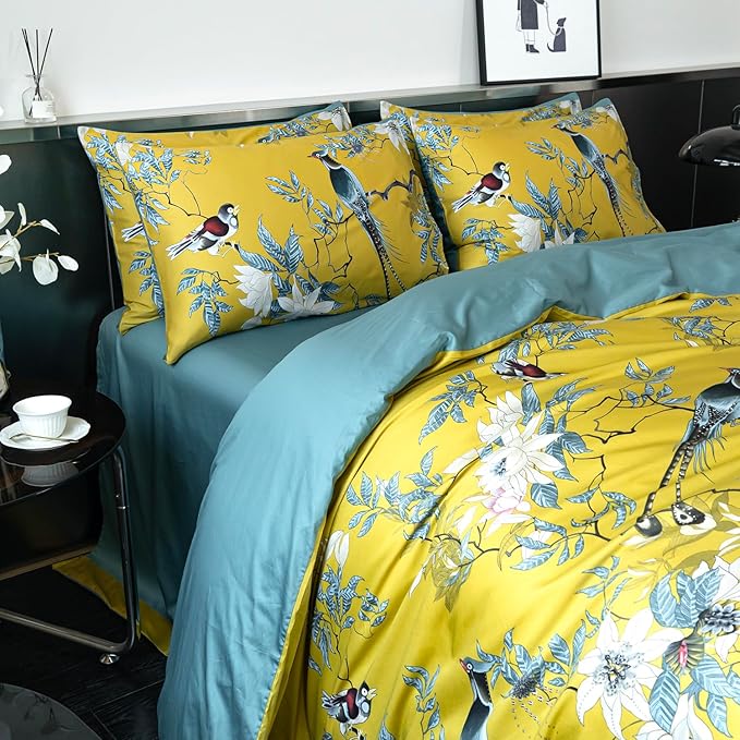 Floral King Duvet Cover 100% Soft Cotton 3 Piece Birds Flowers Garden Tree Branches Print Reversible Duvet Cover with Zipper Closure