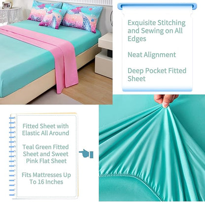 RYNGHIPY Kids Girls Comforter Set 6Pcs, Mermaid Bed in a Bag Queen Size, Fish Tail Print Teens Girls Bedding Set, Rainbow Bedding Collections