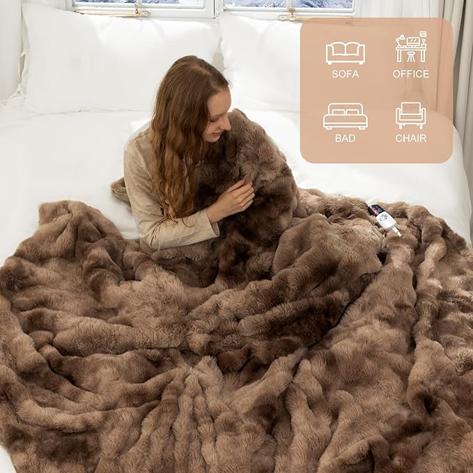 Faux Fur Full Size Heated Blanket 72"X84" - Bubble Faux Fur Electric Blanket Fluffy Soft Fuzzy with 6 Fast Heating Levels & 10 hrs Timer Settings, Washable & ETL Certified for Bed, Tie-Dye Brown