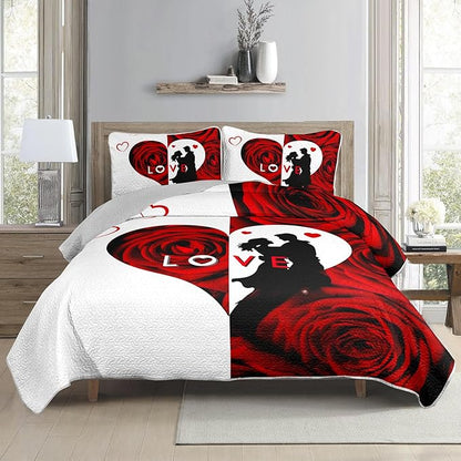 AILONEN Red and White Quilt Set Queen Size,Red Rose Flower Bedspread Coverlet for Couples Lovers,Soft Lightweight,3Pcs His & Hers Quilt & 2 Pillowcases