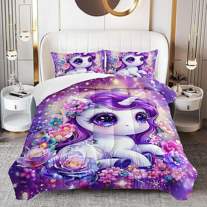 Girls Purple Cartoon Unicorn Comforter Set for Kids Girls Toddlers, Pink Flower Comforter Set Queen Size, 3Pcs Cartoon Kawaii Unicorn Quilte Set Room Decorative