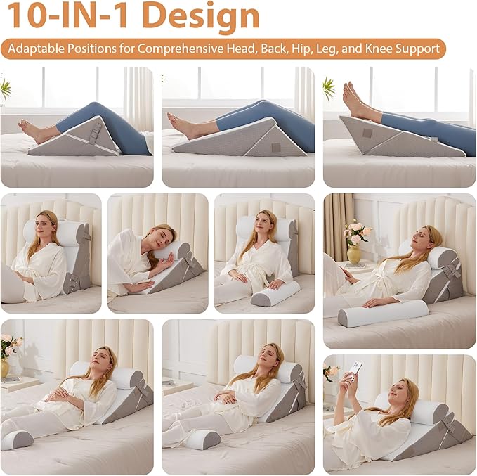 Orthopedic Bed Wedge Pillow Set 4Pcs, Adjustable Memory Foam Wedge Pillow, Pillow Wedges for Post Surgery, Back Pain Relief, Triangle Pillows for Acid Reflux, Snoring, GERD, White/Grey