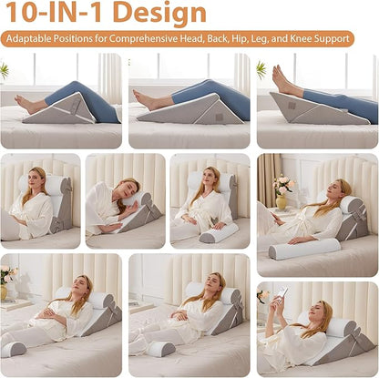 Orthopedic Bed Wedge Pillow Set 4Pcs, Adjustable Memory Foam Wedge Pillow, Pillow Wedges for Post Surgery, Back Pain Relief, Triangle Pillows for Acid Reflux, Snoring, GERD, White/Grey
