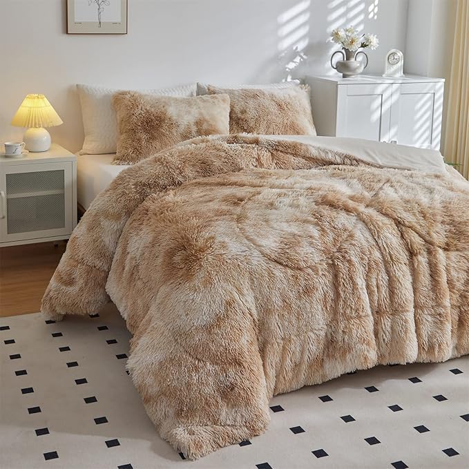 Wajade Faux Fur Plush Tie Dye Camel Comforter Set Fluffy Fuzzy Shaggy Bedding Set - 3PC Full Size Microfiber Soft Warm Quilt Set
