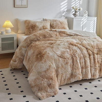 Wajade Faux Fur Plush Tie Dye Camel Comforter Set Fluffy Fuzzy Shaggy Bedding Set - 3PC Full Size Microfiber Soft Warm Quilt Set