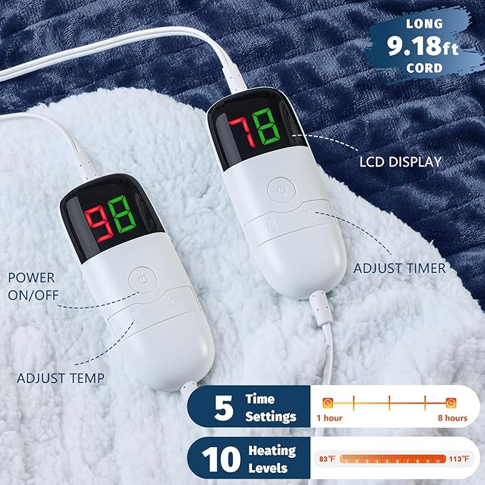 Heated Electric Blanket King Size - 90" x 100" Heating Blanket with Dual Control, 10 Heating Levels & 8 Hours Auto Off, Soft Warm Flannel Blanket, Christmas Birthday Gifts for Senior Grandma