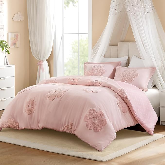 Intelligent Design Kids Queen Duvet Cover Set for Girls, Tufted Chenille Floral Duvet Set Queen, Lightweight Polka Dot Duvet Reversible Bedding Cover, Sham, Pillow, Gracie, Full/Queen Pink 3 Piece