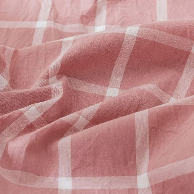 BuLuTu Pink White Plaid Duvet Cover Full 100% Washed Cotton Comforter Cover Set Modern Buffalo Plaid Bedding Set for Kids, Grid Gingham Duvet Cover and 2 Pillowcases for All Seasons